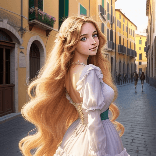 AI generated: closeup beautiful young woman stands on the streets of Italy, wearing a frilly dress that flutters i...