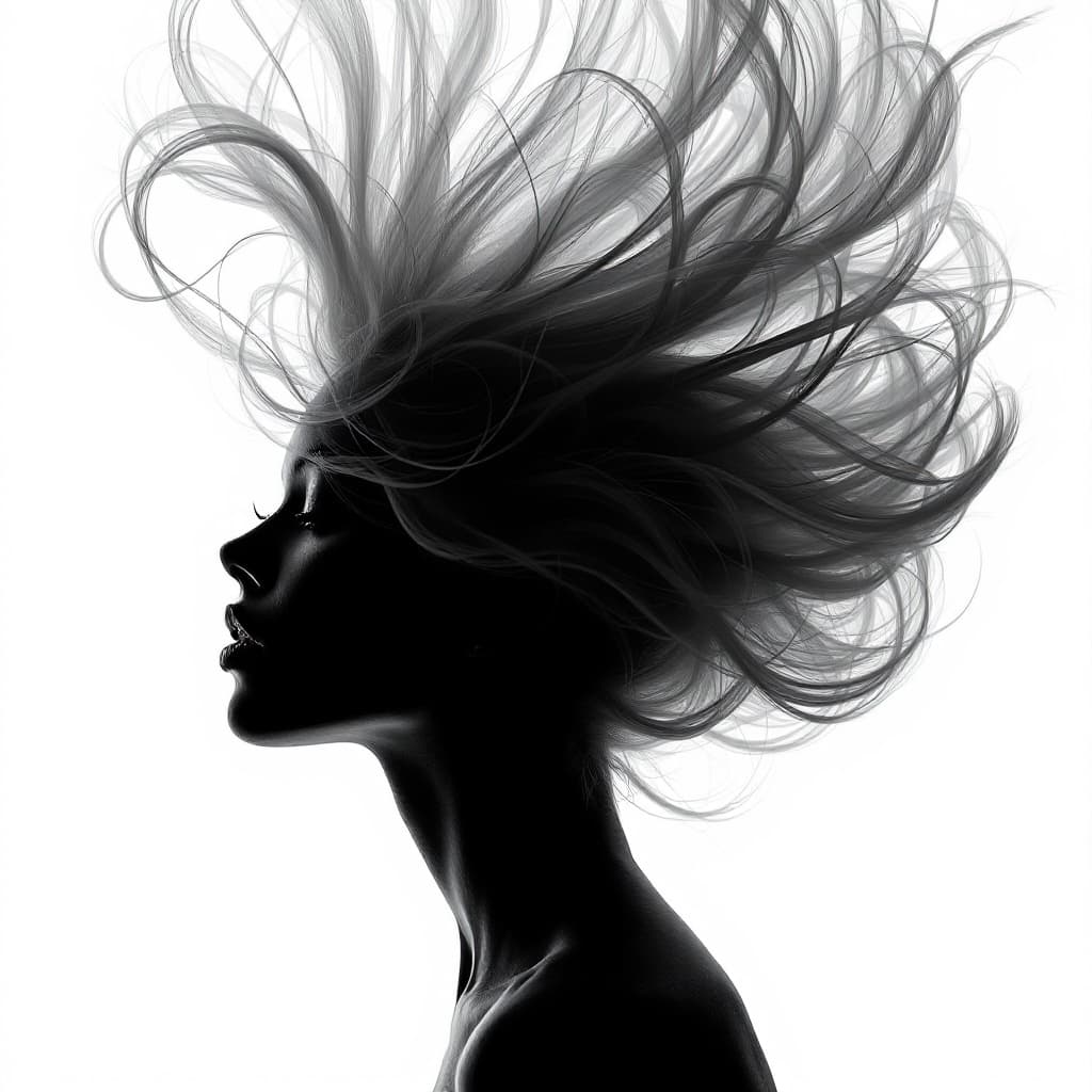 AI generated: "Black and white fashion editorial style photograph of a full female silhouette with complete body v...