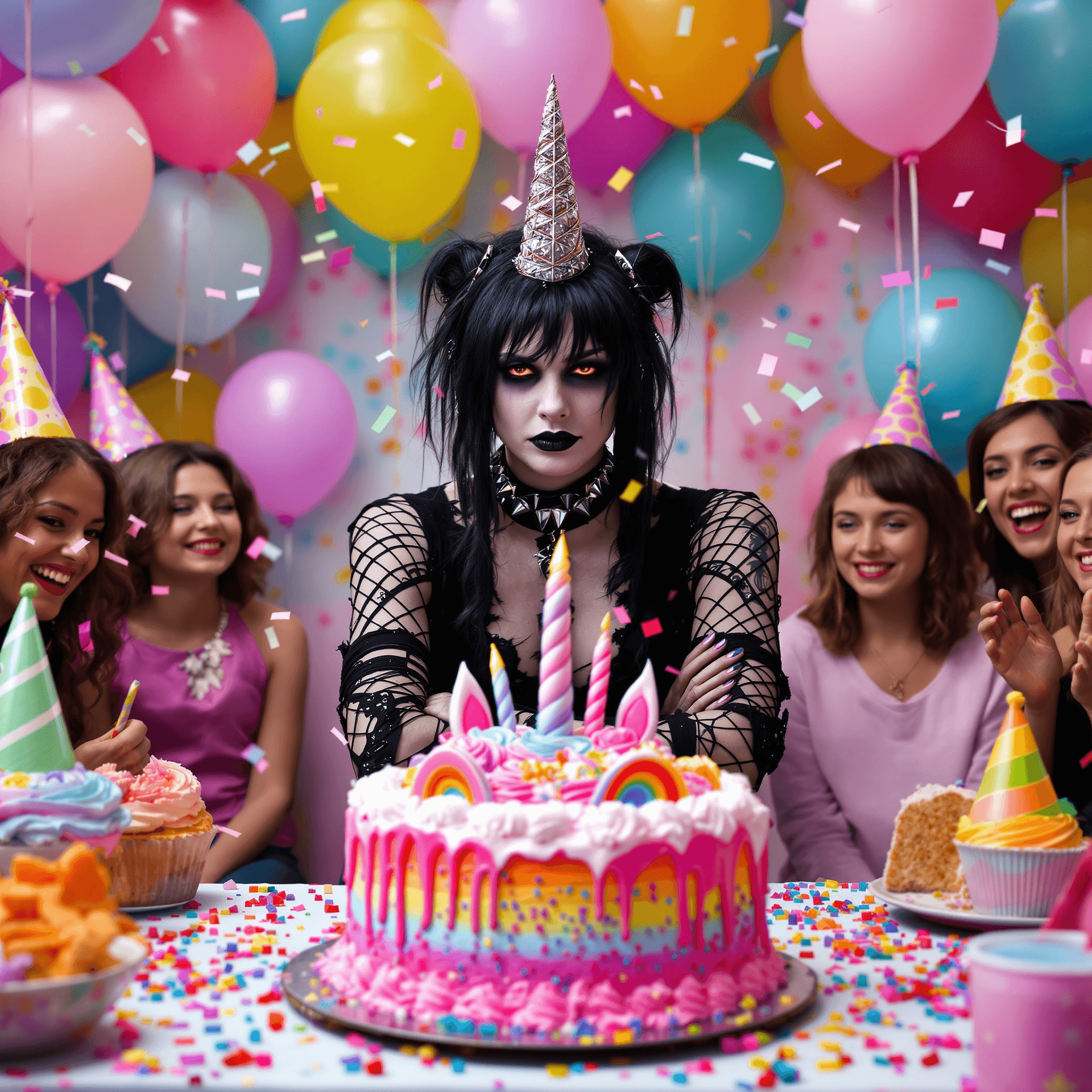AI generated: A gloomy goth sits at the center of a brightly decorated birthday party. They wear black lipstick, a...