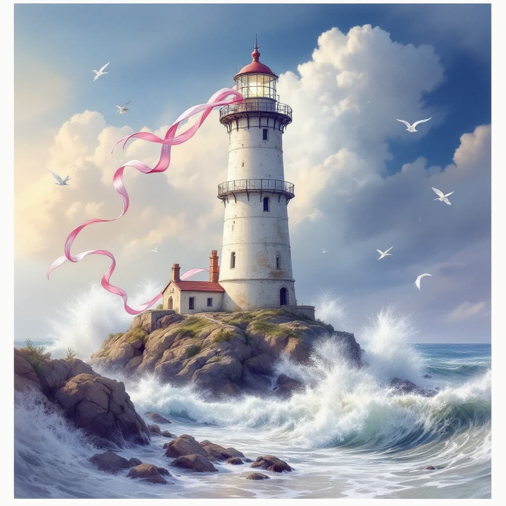 AI generated: Prompt: A beautiful illustration of an old lighthouse, with pink and white ribbons flowing in the wi...
