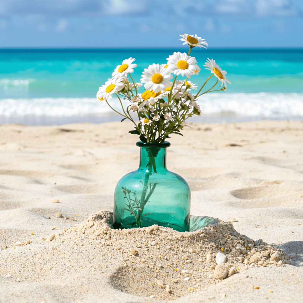 AI generated: Photo of a vase buried in the sand on a beach with some flowers in the vase