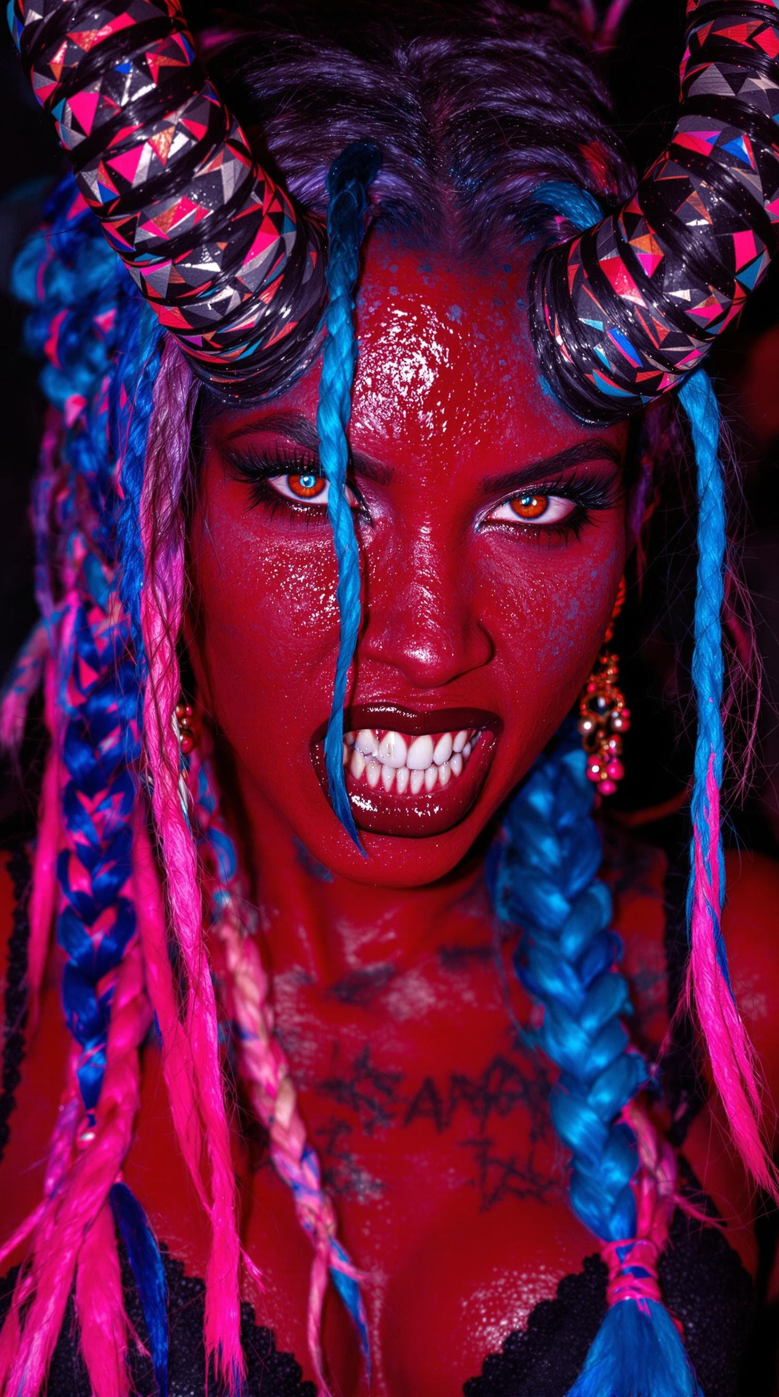 AI generated: a portrait of an evil demon woman with blue and pink braided hair, her skin is a blazing red, heavy ...