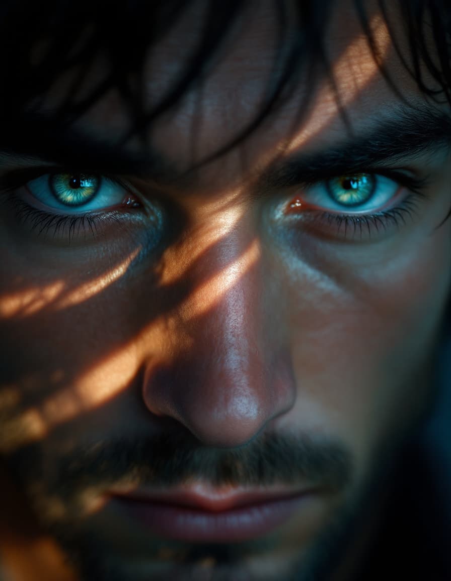 AI generated: Hyper realistic cinemtic scne of male  pair o``f voilet eyes, intense gaze,  altra realistic 