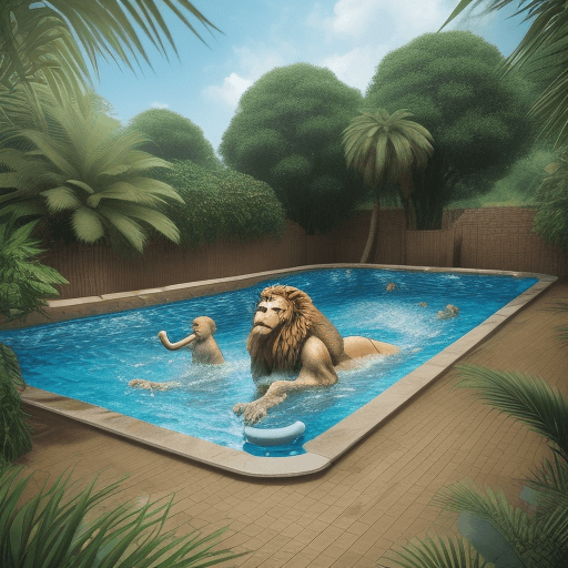 AI generated: A lion swimming pool with some monkeys
