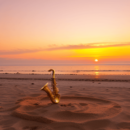 AI generated: sunny beach during a vibrant sunset with hues of orange, gold, and pink. A golden saxophone is parti...