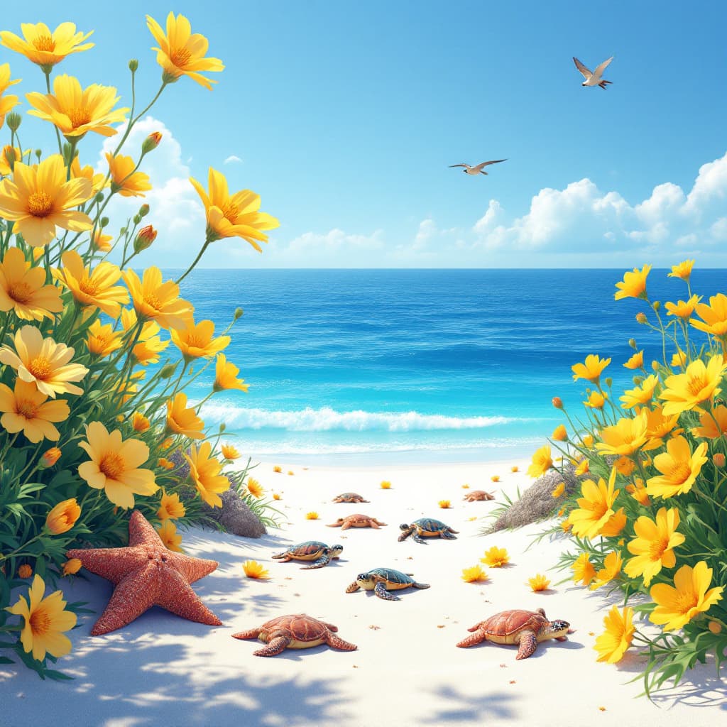 AI generated: Create a serene and scenic view of the calm blue ocean and a wide flower garden full of lush yellow ...