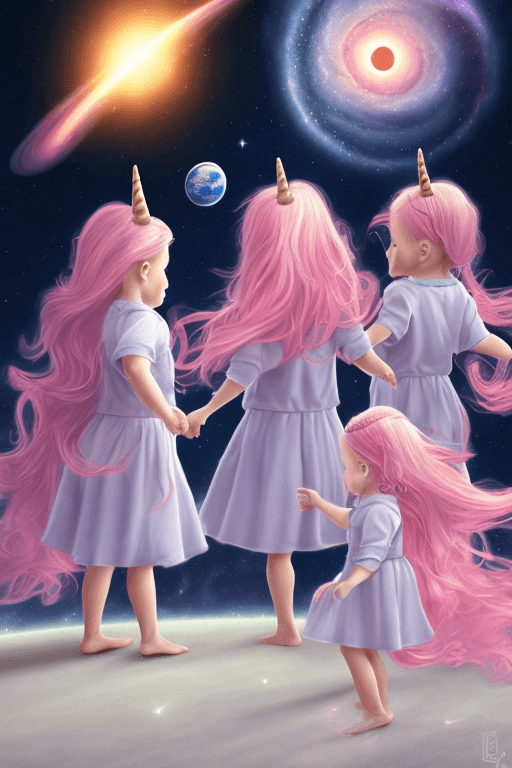 AI generated: four toddler girls riding unicorns, wearing magic school uniforms, in space, overlooking a black hol...