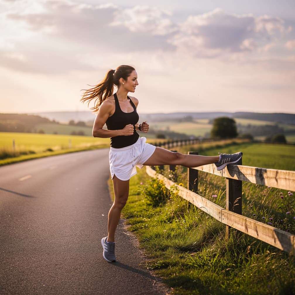 AI generated: Lean brunette Jadilica takes a jog in the countryside. She stretches her tight bod in a black halter...