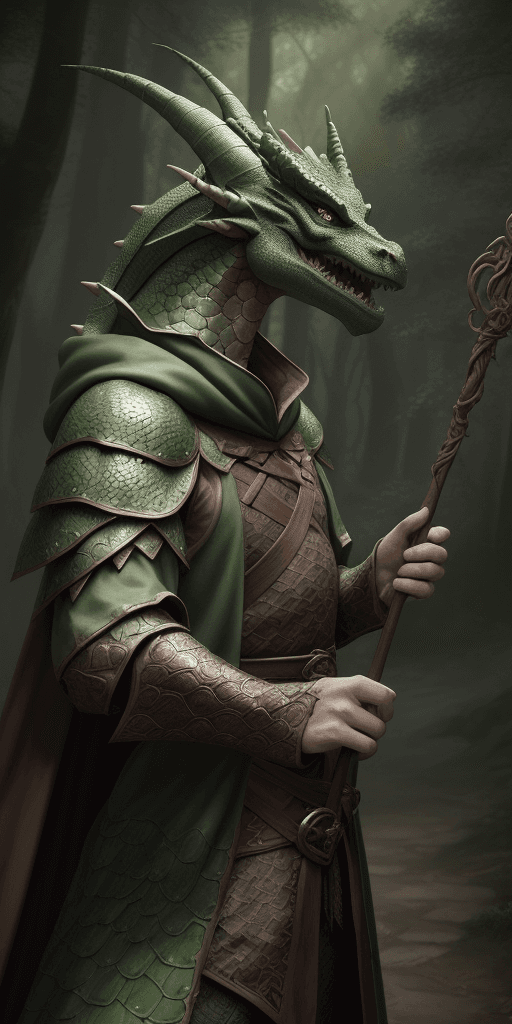 AI generated: zrpgstyle,  medieval fantasy portrait of a dragon, green and brown scales, (dragon) wearing a simple...