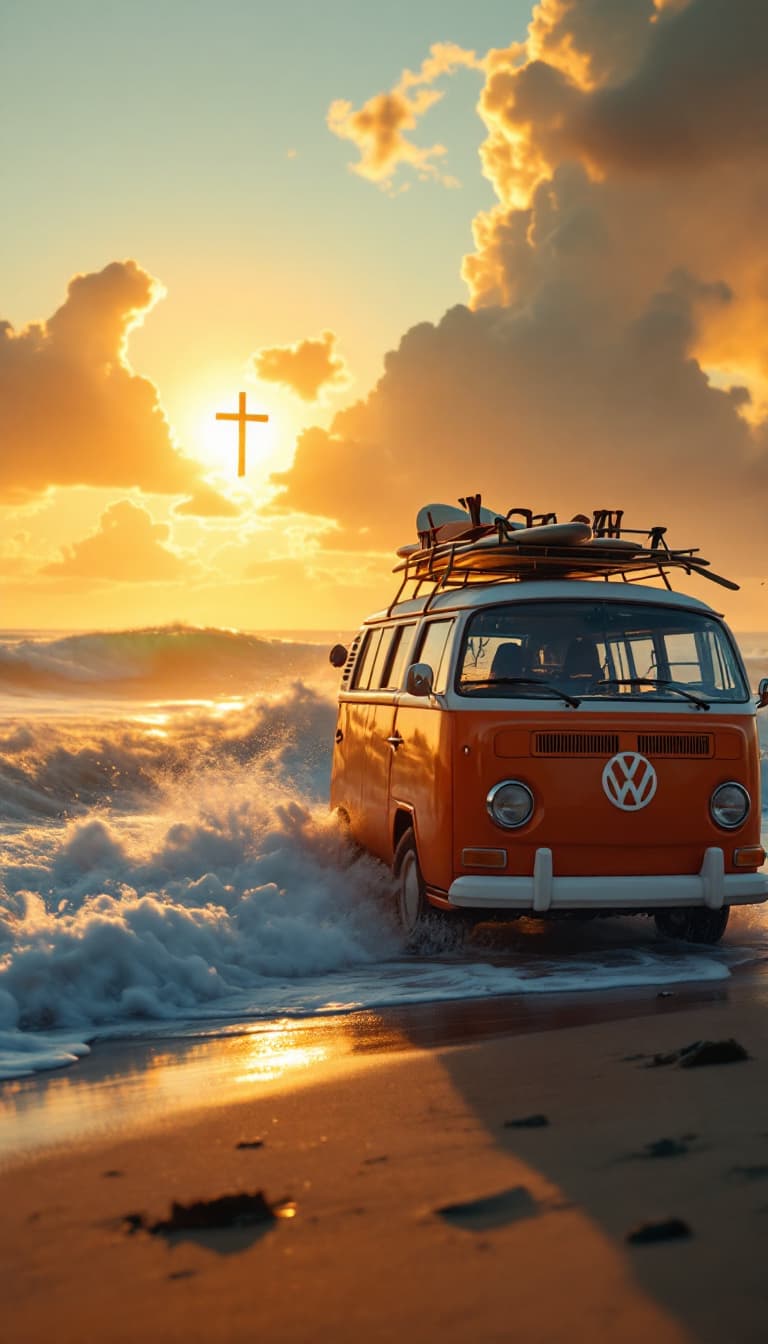 AI generated: A vw classic kombi bus on a golden sunset beach with ethereal light in the sky just before sunset. T...