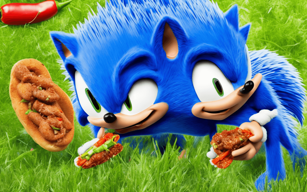 AI generated: Blue Sonic the hedgehog lies on grass and eats chilli dog 8k