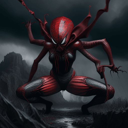 AI generated: A highly detailed and realistic image of a massive red and black spider in a dark fantasy setting. T...