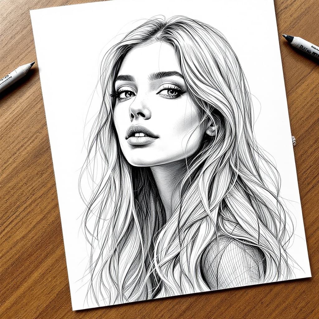 AI generated: pencil sketch, woman with long hair, hyperdetailed --ar 1:2 --stylize 750