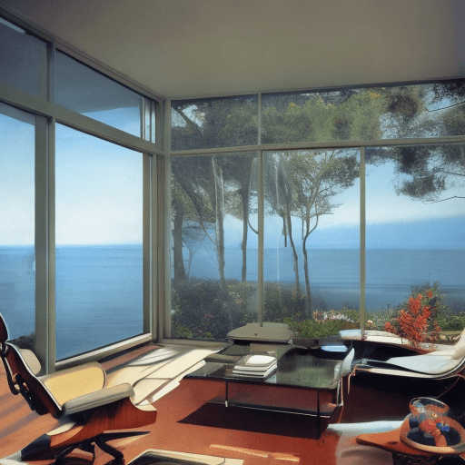 AI generated: Hyper realistic eye level exterior photo of a mid century modern style house overlooking the ocean, ...