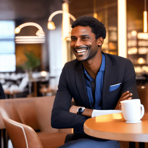 AI generated: a photo of a smiling light tanned black man who is fit and wearing business casual clothes sitting a...