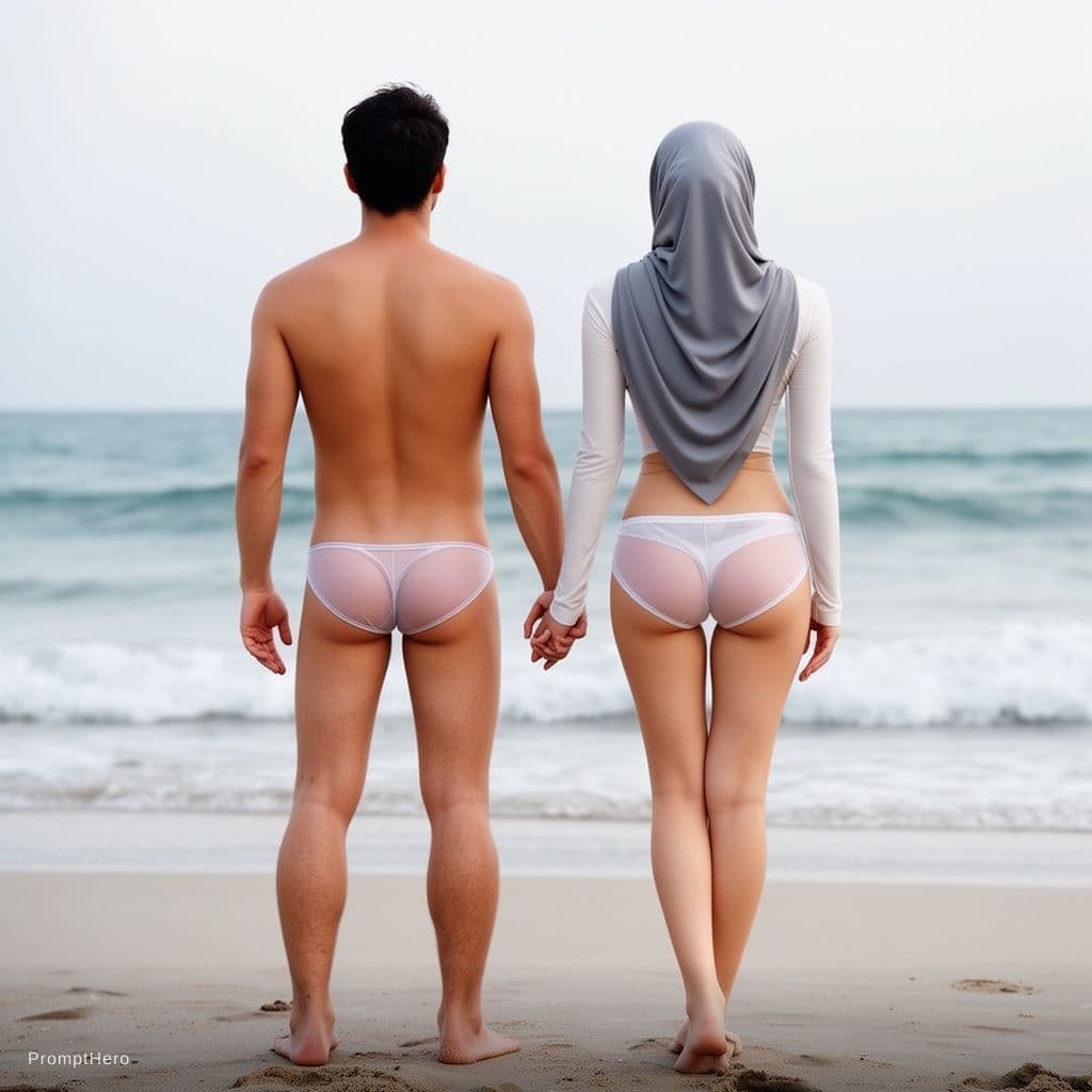AI generated: Man with bikini very short and transparent huge a woman with hijab wearing bikini very short and tra...