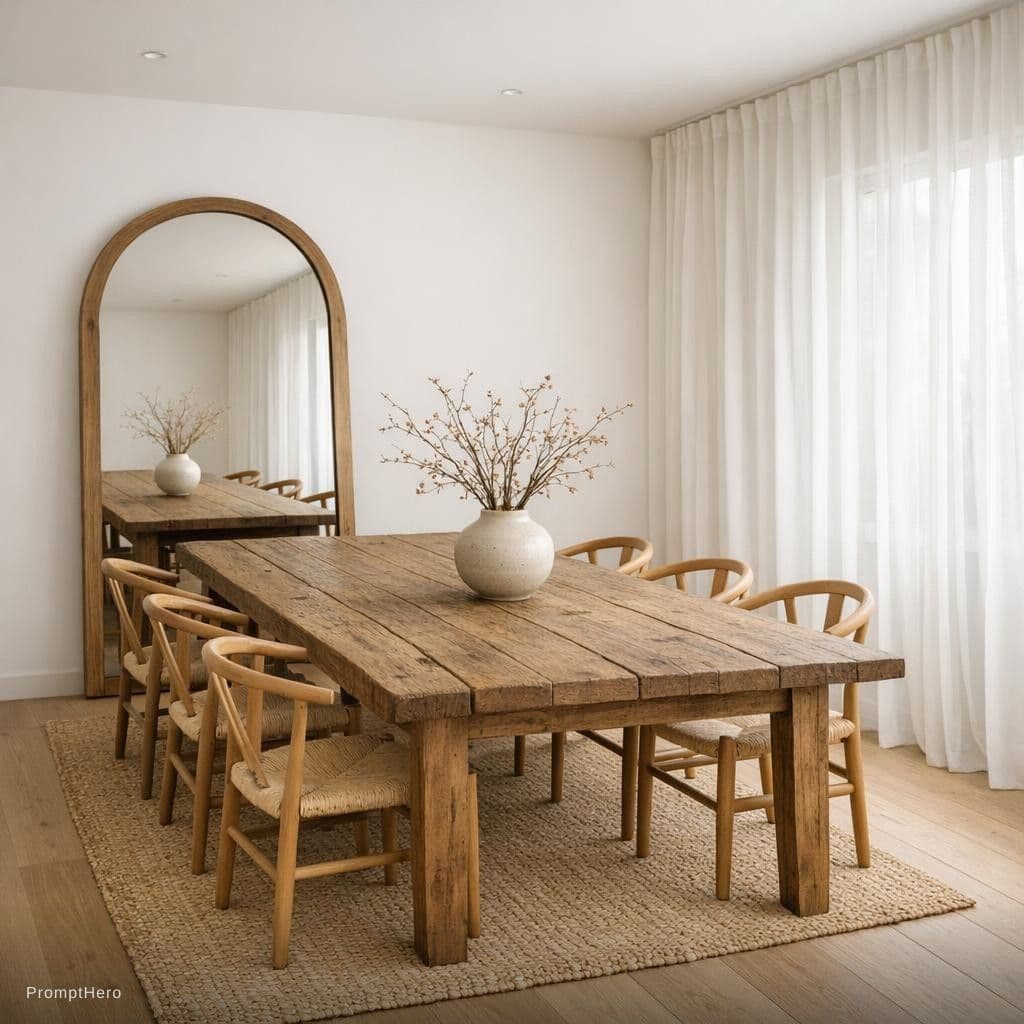 AI generated: A minimalist and warm dining room with natural tones, featuring a large rustic wooden dining table w...