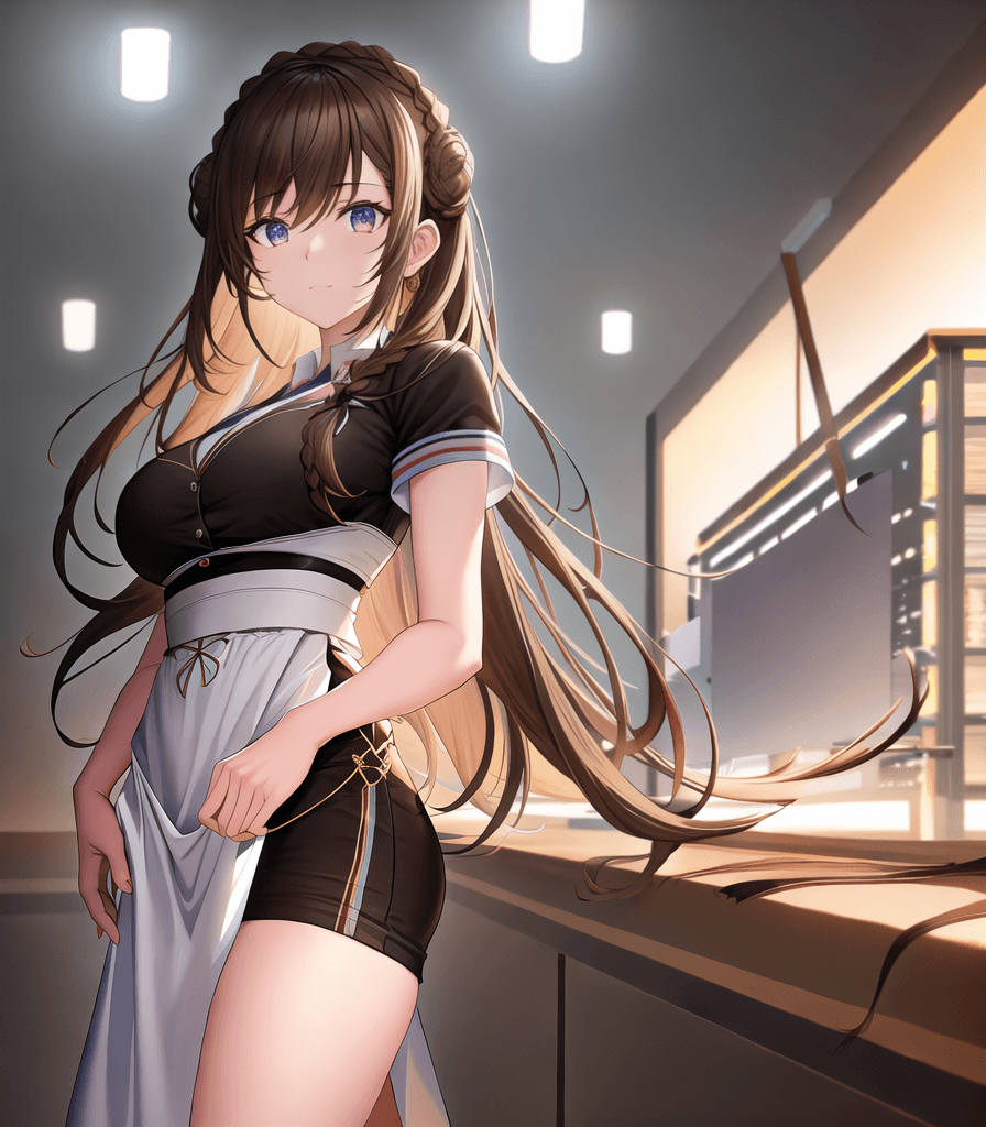 AI generated: perfect anime illustration, 1girl, braided buns, long brown hair, medium breasts, shop, walmart, cas...