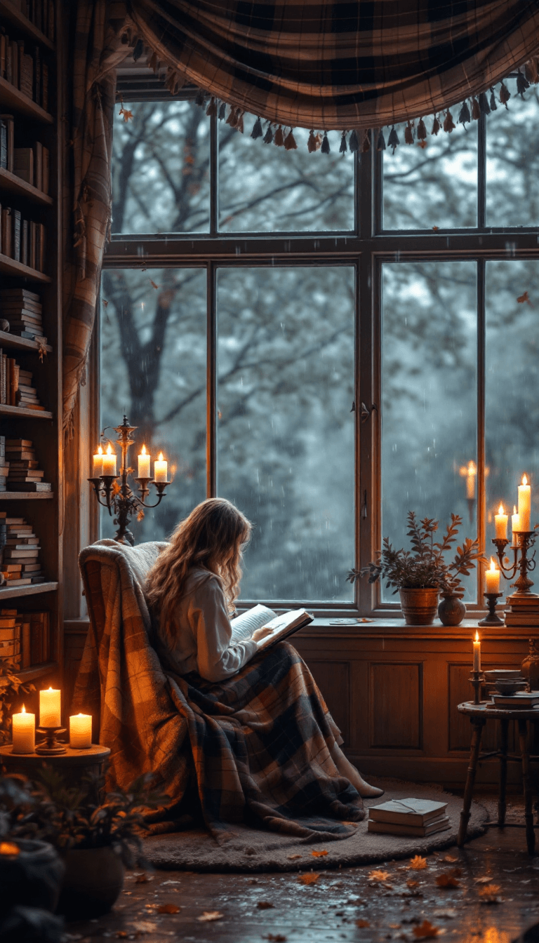 AI generated: photo of a cozy reading nook, near a big window, plaid pattern, old house, romantic, candlelight, bi...