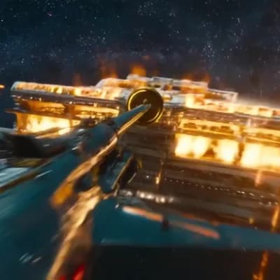 AI generated video: Create an atmospheric photorealistic image of a long shiny silver spacecraft shaped like a giant nee...