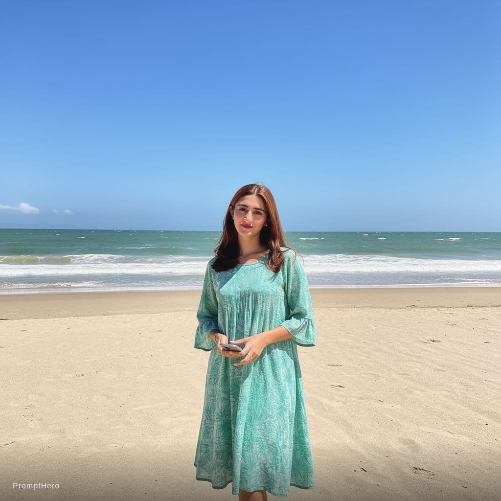 AI generated: She is in bikini and she is in beach 