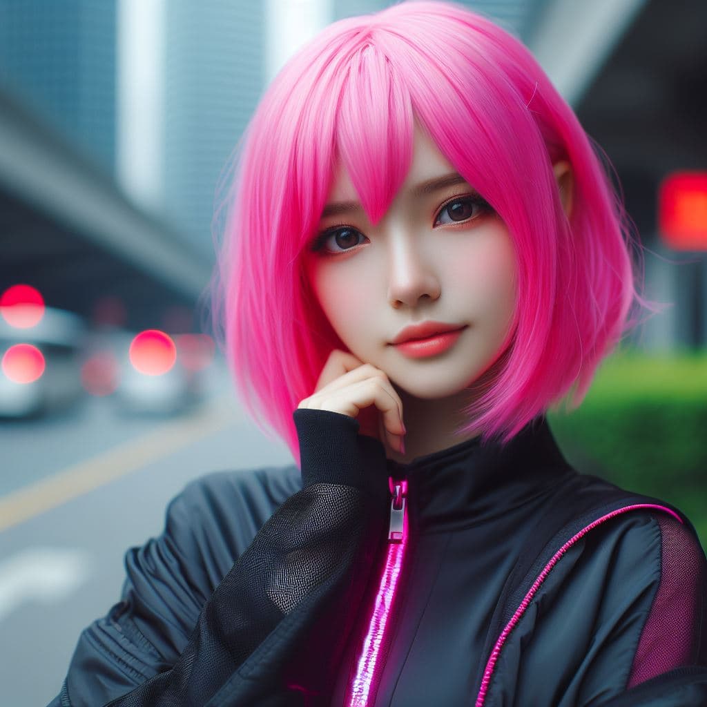 AI generated: A lady with a cute face, and sleepy beautiful eyes, wearing a black jacket, bright-colored neon pink...