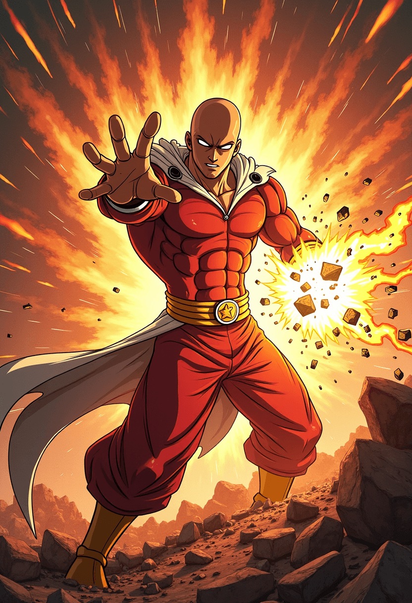 AI generated: one punch man, Saitama, punching a monster and blwoing the monster into a thousan pieces