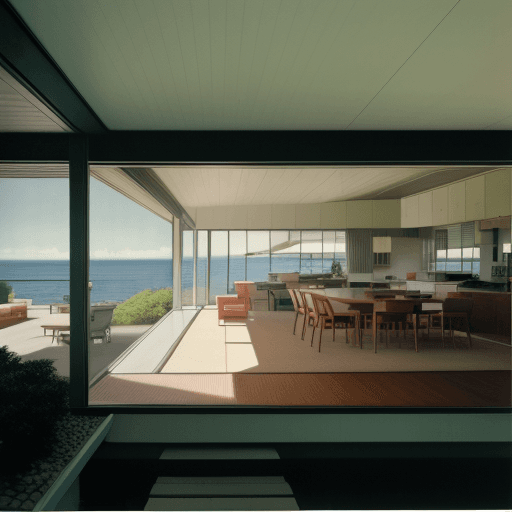 AI generated: Hyper realistic eye level exterior photo of a mid century modern style house overlooking the ocean, ...