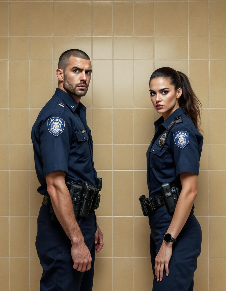 AI generated: Hyper-realistic, full length shot of a stunned Caucasian policeman (Mike) and a gorgeous brunette u ...