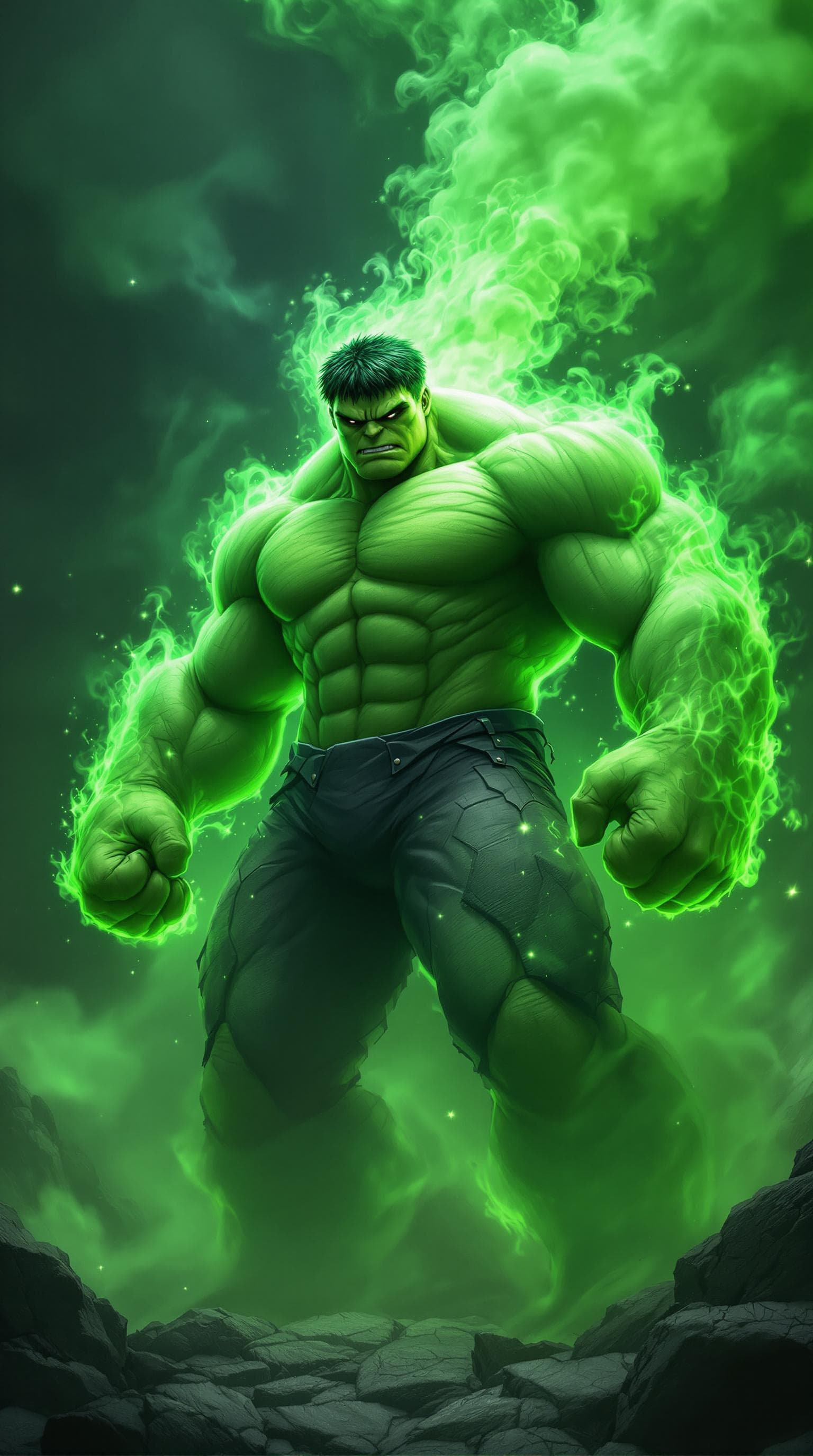 AI generated: green smoke, hulk, muscular body, giant size, 4k, arcane anime style
