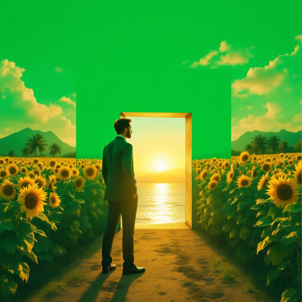 AI generated: 
Bright green chroma keyed background with crosses European man cuts wide, showing a wide passage on...