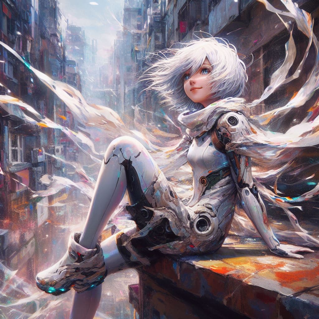 AI generated: painterly style, urbanpunk, more colorful, (Rei Ayanami wearing damaged white light suit, short whit...