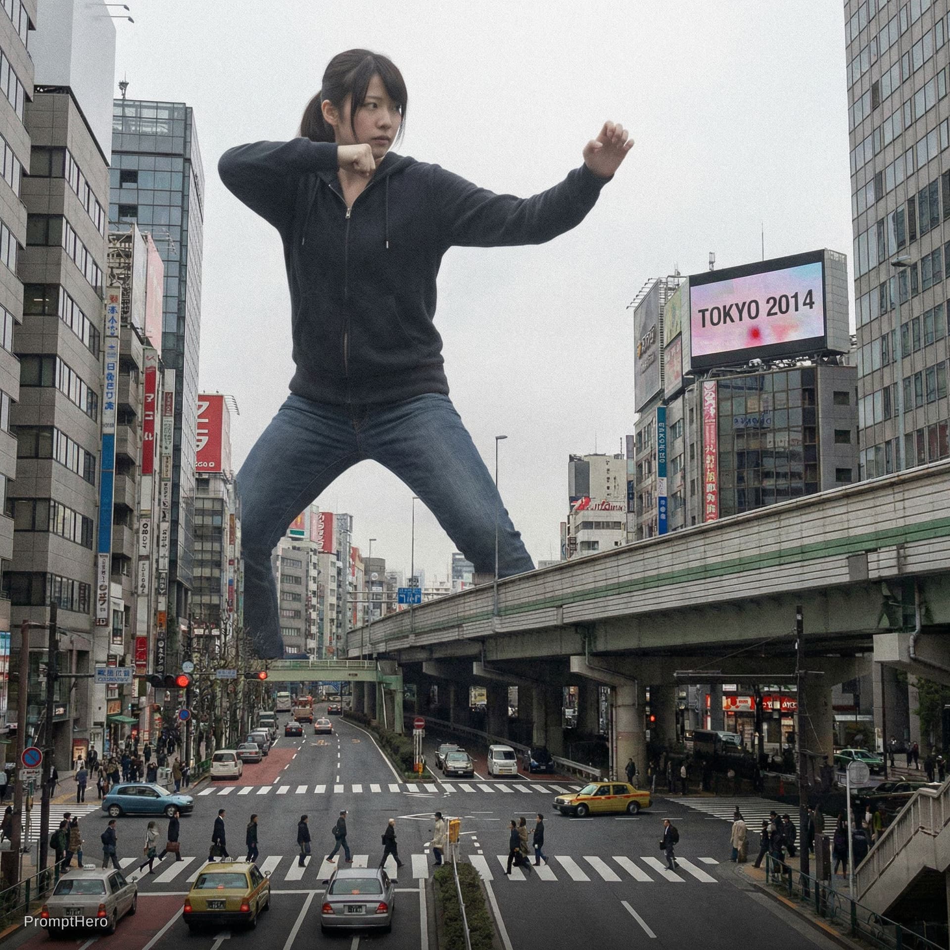 AI generated: Create Her In Real Life Scene Size Photo : Giant Form. Gives Fighting Pose At Japan Surface City At ...