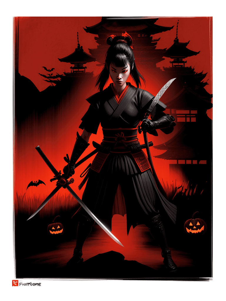 AI generated: the samurai at night with her sword, in the style of screen printing, epic fantasy scenes, comiccore...