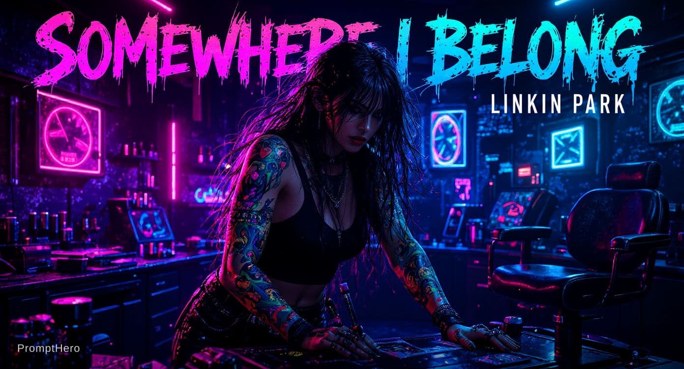 AI generated: A bold and edgy cinematic portrait of a female tattoo artist working in a futuristic cyberpunk studi...