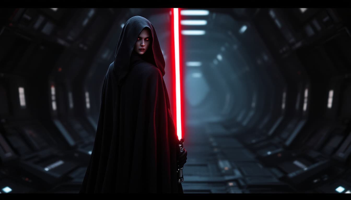 AI generated: Woman, Sith lord, red eyes, red light saber in right hand extend at a 45 degree angle, black cloak, ...