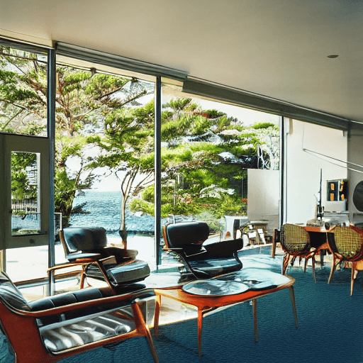 AI generated: Hyper realistic eye level exterior photo of a mid century modern style house overlooking the ocean, ...