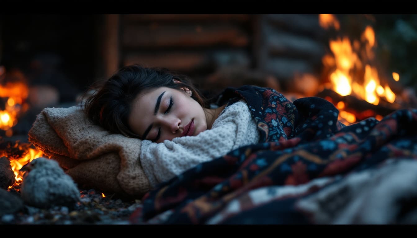 AI generated: Prompt: Close-up of Nazanin asleep by the fire near a wooden house, her Gilani lachak loose, rooster...
