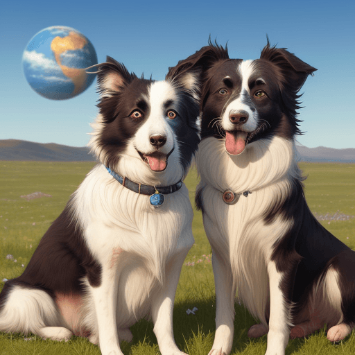 AI generated: A pirate-faced border collie sits with another companion on a real grassland, smiling happily, with ...