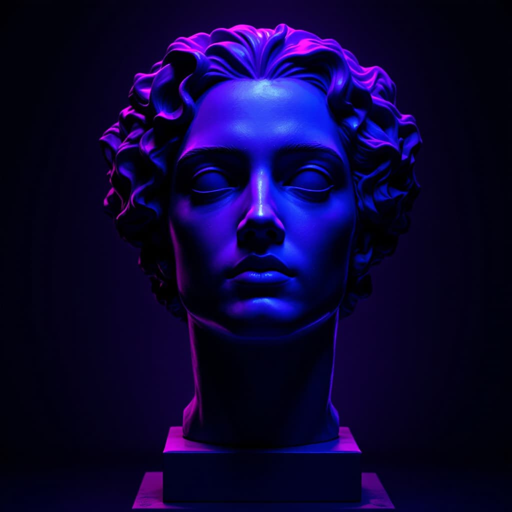 AI generated: neon glow classical bust, front view, deep purple and blue, isolated on a dark background, dramatic ...