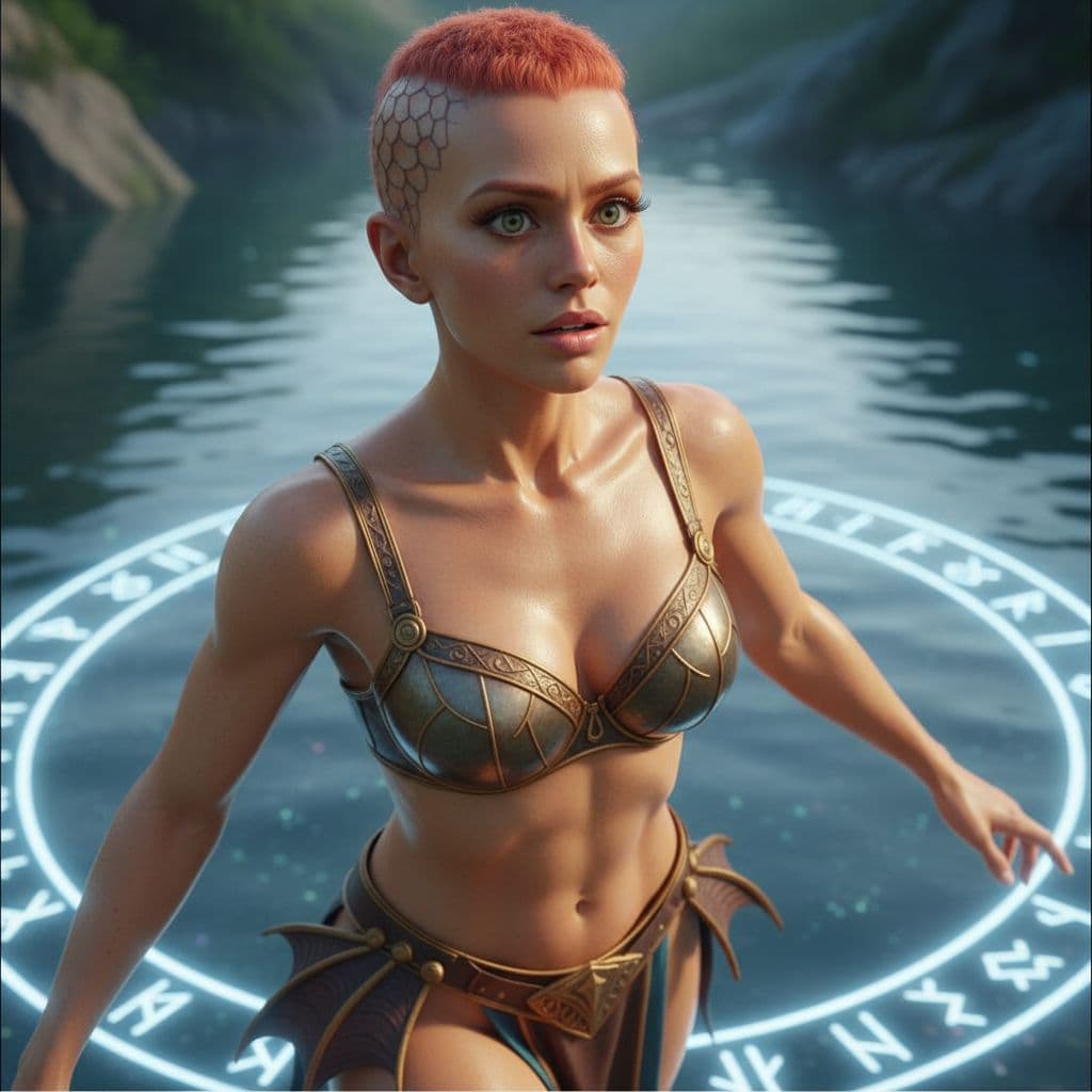 AI generated: large format, Fantasy Warrior high angle photo of a 24 year old Ashkenazi Jew-Embera female elegant ...