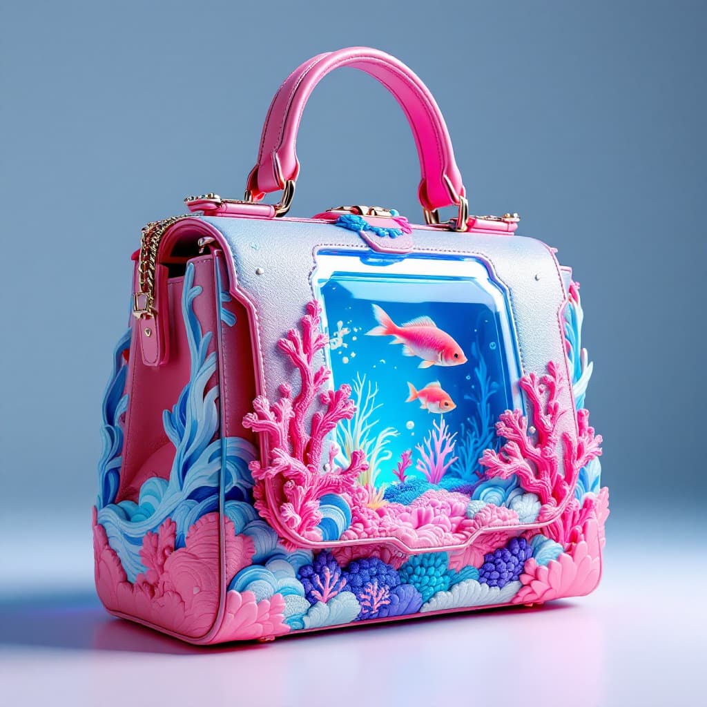 AI generated: A photorealistic designer handbag entirely in shades of pink blue, featuring a unique and imaginativ...