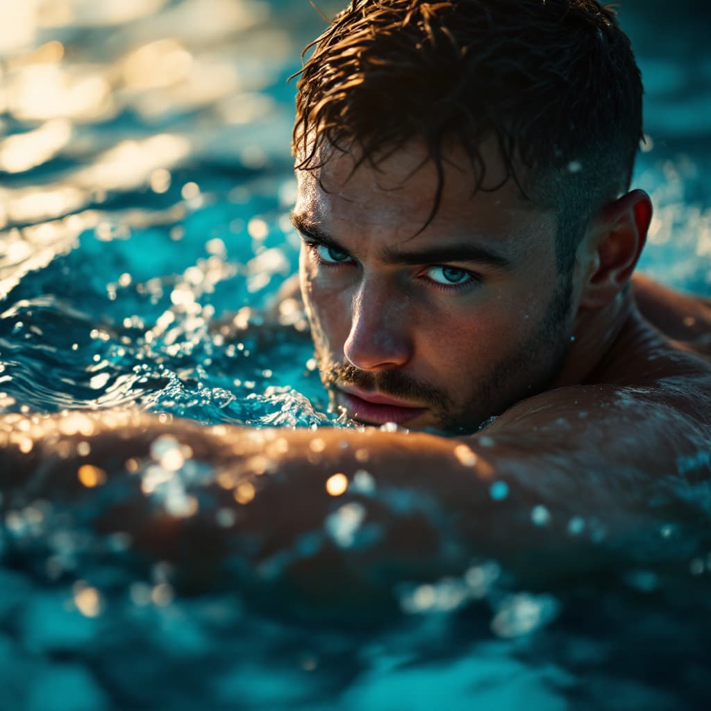 AI generated: A swimming close portrait, muscular,strong biceps, light completion, slow morning, colorful atmosphe...