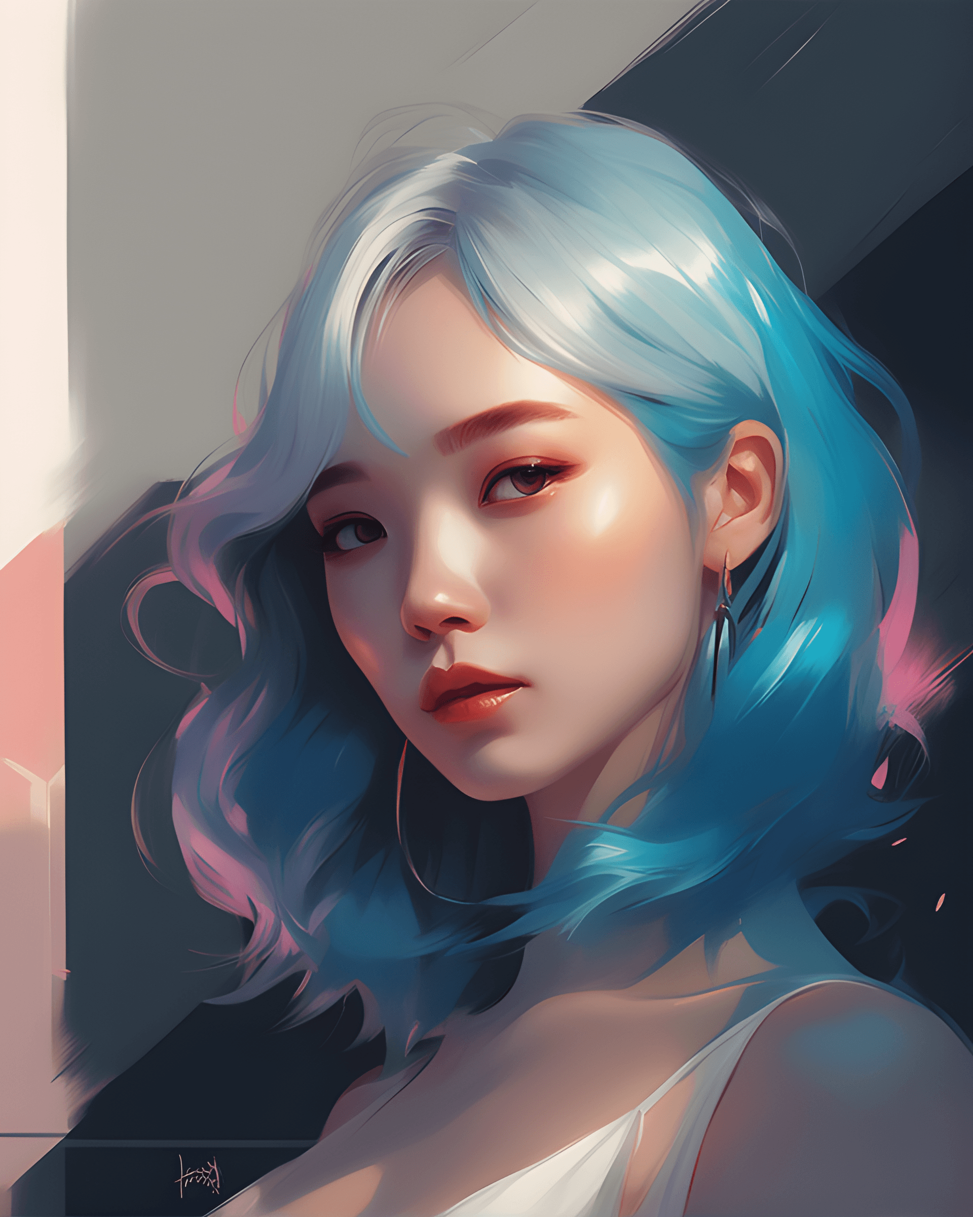 AI generated: a woman with blue hair and a white dress posing for a picture, rossdraws pastel vibrant, in the styl...