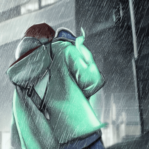 AI generated: a close up of a person with a backpack in the rain, cyberpunk art, pixiv, render of a cute 3d anime ...