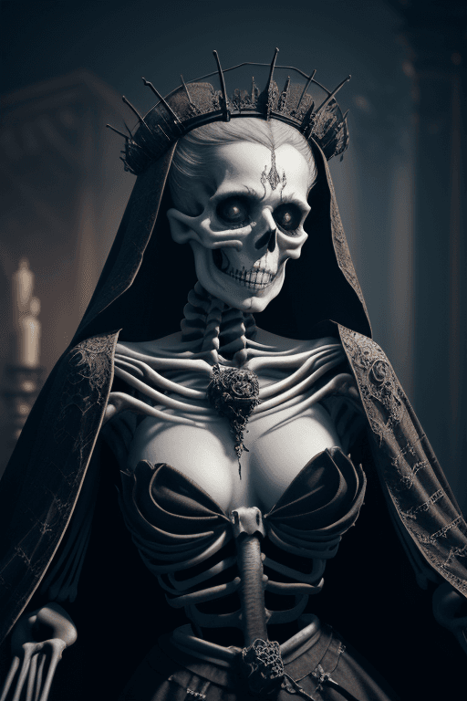 AI generated: a beautiful skeleton woman dressed in a queens attire, queen of the underworld, living dead, morbid,...