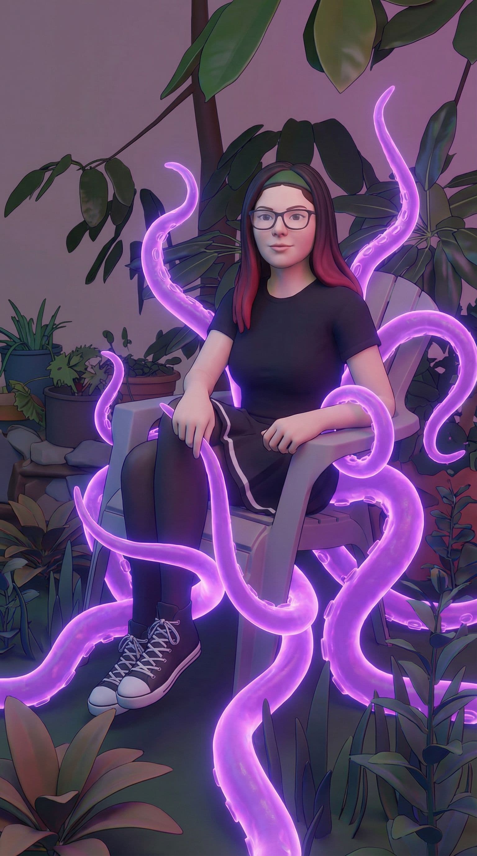 AI generated: a (3D rendering) of a woman giving (vaginal tentacle sex), many purple tentacles holding her up 