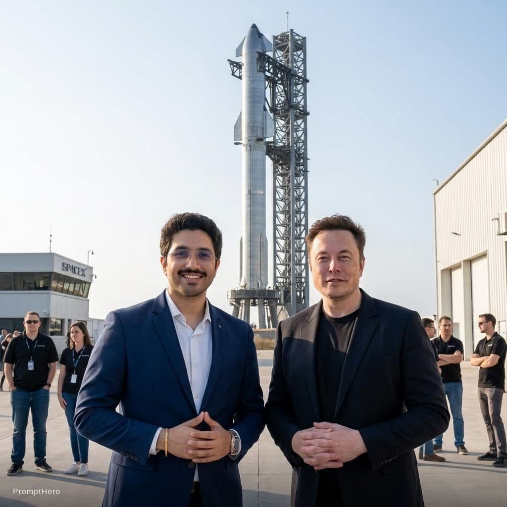 AI generated: with Elon Musk in front of a SpaceX rocket, professional setting