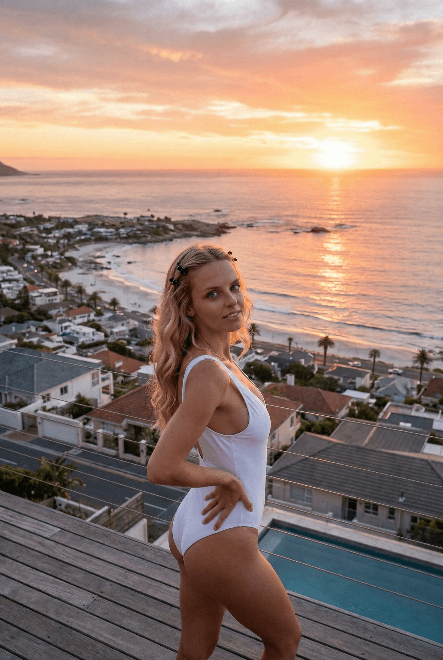 AI generated: An adult woman with a fit figure stands on a wooden deck overlooking a serene Camps Bay in Cape Town...