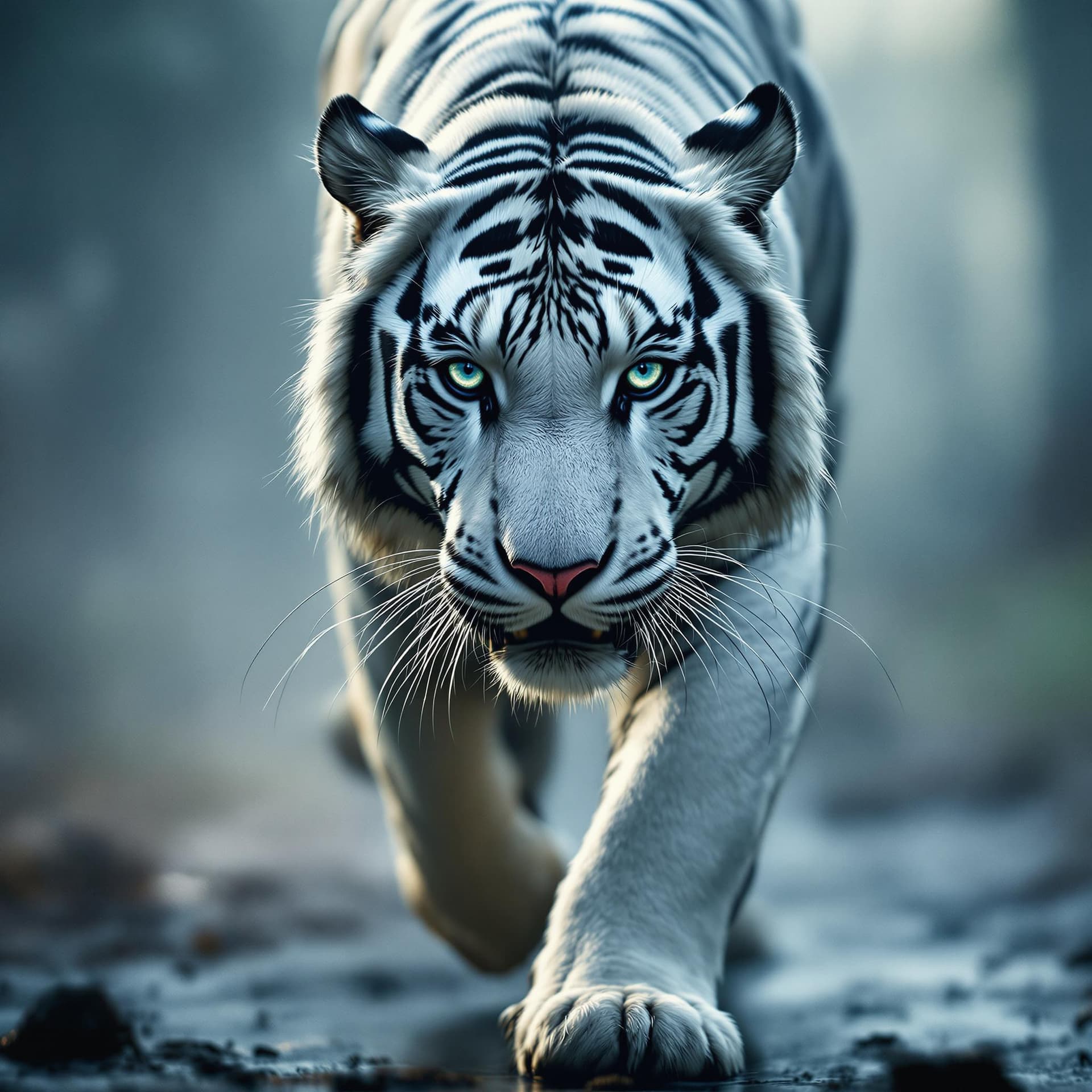 AI generated: The image captures an intense close-up of a white tiger walking toward the viewer, with a direct gaz...